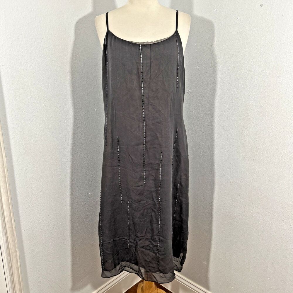 Trio Midi Dress Womens 12 Silk Gray‎ Beaded Fairy Whimsical 90s Y2K